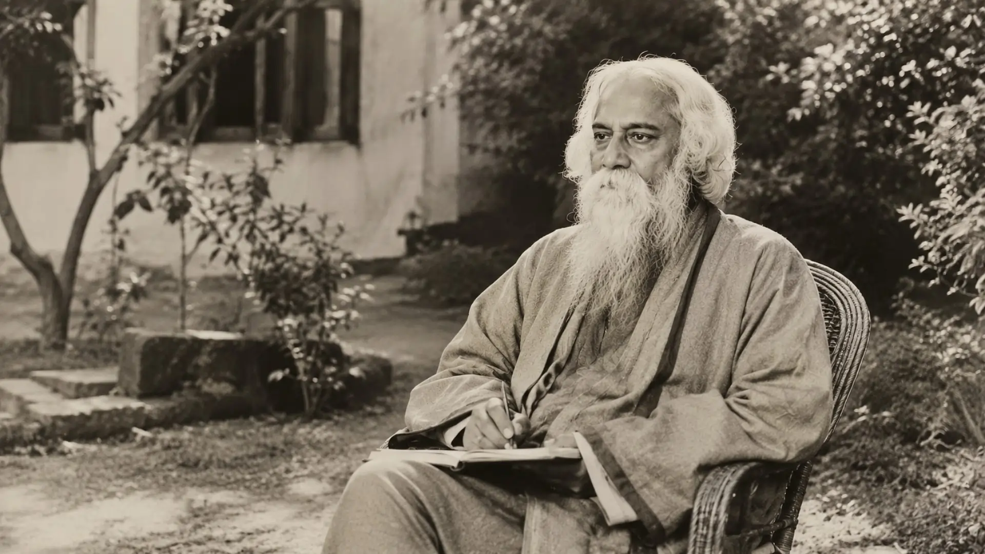 A portrait of Rabindranath Tagore, the Bard of Bengal, sitting in a natural outdoor setting.